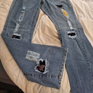 Women's Blue Distressed Jeans with Patchwork
